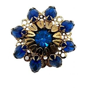 Vintage Gold Tone Blue Rhinestone Flower Brooch Pin Filigree Costume Jewelry Pin
